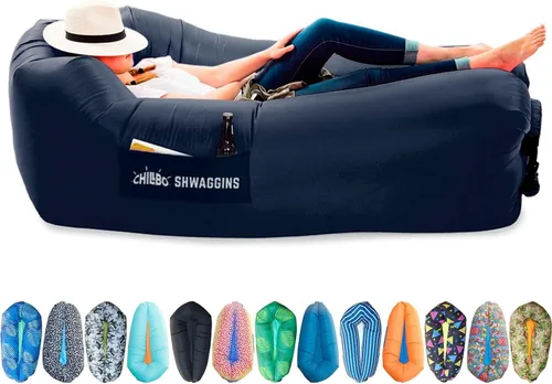 Chillbo Inflatable Couch – Unique Designs - No-Pump Setup, Ripstop Polyester, Stability Pegs, Fun Prints - Portable Air Inflatable Lounger for Azul