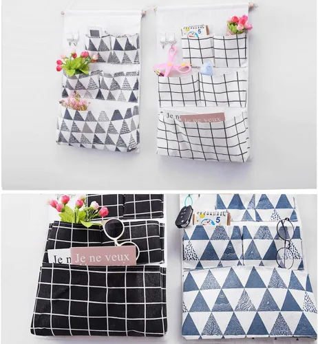 Miniatura 7 de Inicio Bolsa colgante multifuncional Cesta colgante de tela para dormitorio Organizador misceláneo Bolsa colgante de pared de baño Bolsa detrás