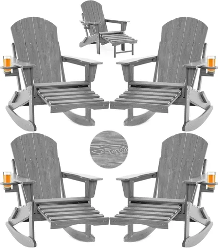 Miniatura 8 de Mecedora plegable Adirondack, silla de patio multifuncional 4 en 1 con otomana retráctil, silla de exterior con textura de madera, silla de césped