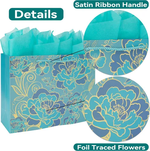 Miniatura 4 de Juego de Bolsa de Regalo Grande Rosa Verde de 13" con Tarjeta de Felicitación y Papel de Seda (Flores con Trazado de Papel Aluminio) para Celebrar