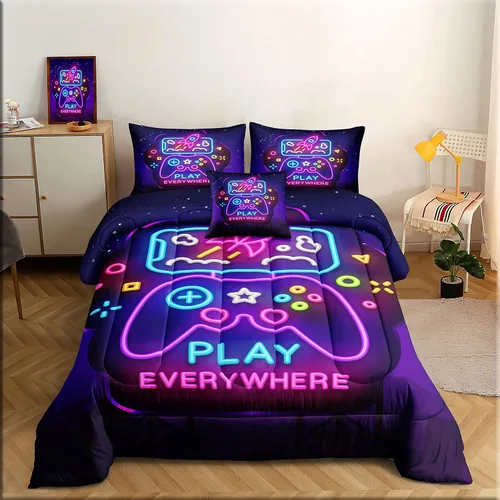 Miniatura 7 de ROWADALO Juego de ropa de cama en una bolsa de 5 piezas para niños y adultos, juego de edredón para jugadores, juego de cama individual con edredón