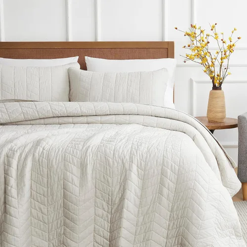 Miniatura 2 de palassio Juego de ropa de cama de algodón beige tamaño Queen con fundas de almohada, colcha ligera y suave, funda de edredón acolchada color crema