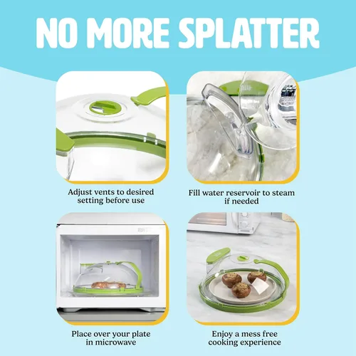 Miniatura 3 de Tasty Cubierta para salpicaduras de microondas con vaporizador de agua integrado y depósito, se adapta a platos de hasta 9 pulgadas, ayuda a retener