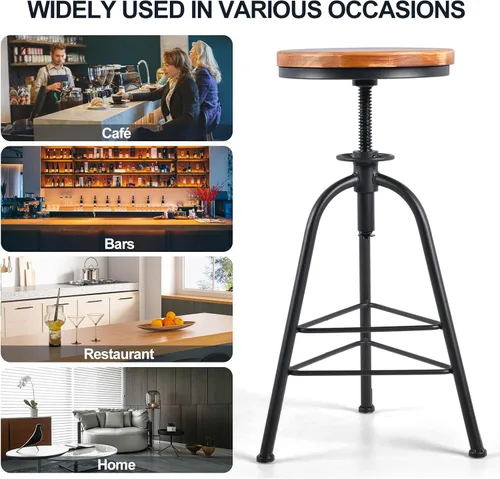 Miniatura 6 de Topower Taburete de bar de altura ajustable de metal de diseño industrial antiguo, silla de desayuno de comedor de cocina, taburete de madera