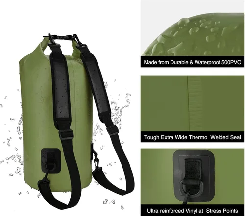 Miniatura 5 de Piscifun Bolsa seca, mochila flotante impermeable 10L/20L/30L/40L con funda impermeable para teléfono para navegación, kayak, pesca Verde militar