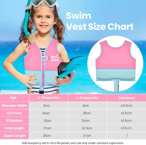 Miniatura 6 de Chaleco de natación para niños de neopreno con correa de seguridad ajustable para edades de 1-3 y 3-6 años KS-PB