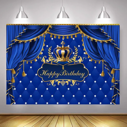 Miniatura 4 de Mocsicka Telón de fondo de cumpleaños azul rey, fondo de cortina de corona de príncipe azul dorado, decoración para fiesta de cumpleaños de niño