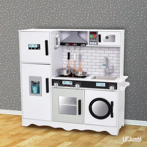Miniatura 9 de Lil' Jumbl Juego de cocina para niños, cocina de madera de simulación, máquina de hielo a pilas, microondas, campana extractora, estufa, horno
