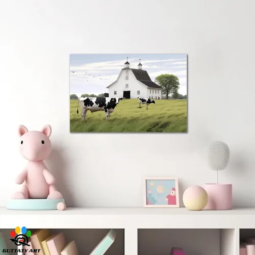 Miniatura 2 de Arte de pared con estampado de granero blanco de granja, granero y vaca, arte de pared con imágenes de granero blanco, cuadros rústicos de campo