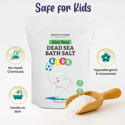 Miniatura 4 de Aromasong Sal del Mar Muerto para niños con aloe vera - Calmante, calmante y listo para dormir - Paquete resellable a granel de grano fino de 4