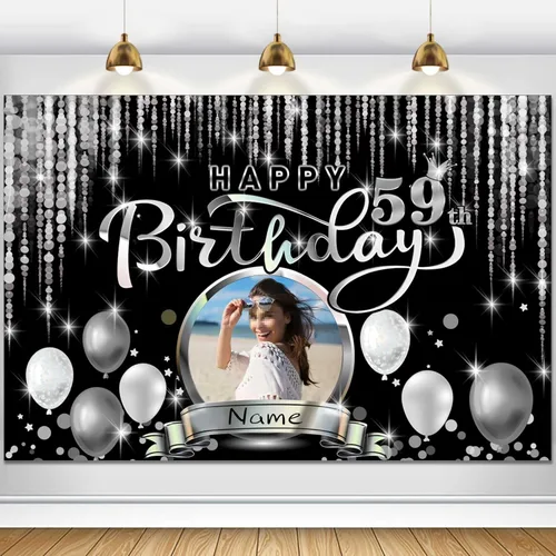 Miniatura 83 de Cartel de decoración de feliz cumpleaños número 100 personalizado - Personalización disponible - Negro y plateado - Tamaño grande - Admite fotos