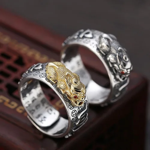 Miniatura 2 de HJ HUAJ 990 Silver Feng Shui PiXiu Adjustable Ring MANI Mantra Protection Wealth Ring