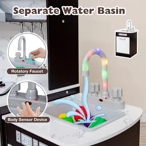 Miniatura 3 de Costzon Juego de cocina para niños, 2 piezas de juguete de cocina con luz, sonido, lavabo, microondas, pizarra, máquina de hielo, campana Negro