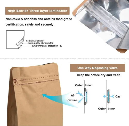 Miniatura 3 de Bolsas de café de papel kraft – Kraft de alta barrera y forro de aluminio – Bolsas de café de fondo plano con válvula de desgasificación, bolsas