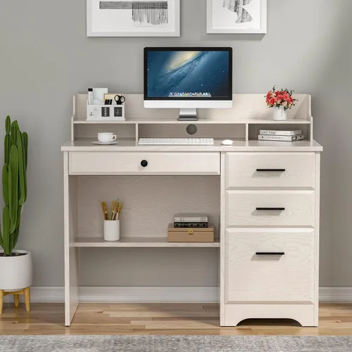 Miniatura 6 de Escritorio blanco para oficina en casa con 4 cajones y gabinete, mesa de computadora para dormitorio, blanco roto