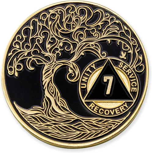 Miniatura 253 de 20 Year Sobriety Mint Twisted Tree of Life - Medallón de recuperación AA chapado en oro, fichas y fichas, color negro