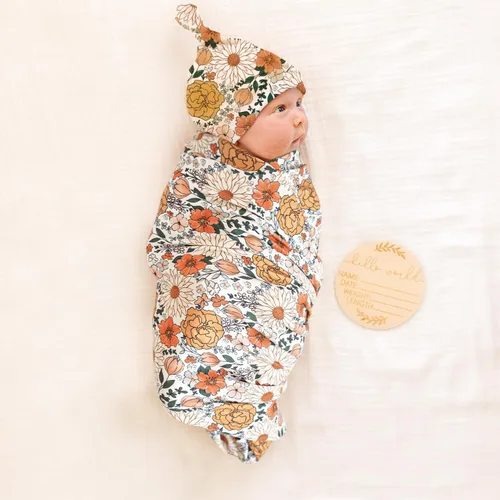 Miniatura 2 de Konssy Manta de Recién Nacida para Bebé Niña con juego de Banda para la Cabeza y Gorrito Set Manta Envolvente para Bebé para Guardería Crema