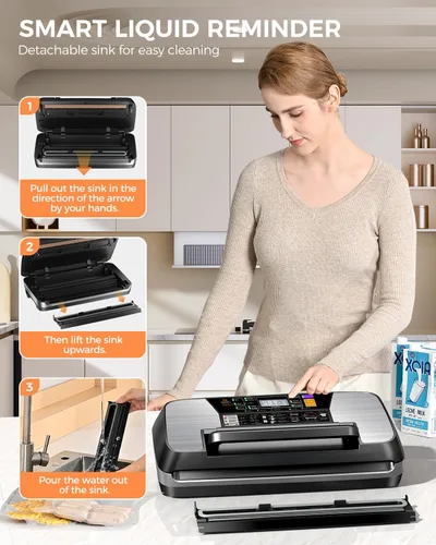 Miniatura 5 de Máquina selladora al vacío comercial 95KPA, sellador de alimentos totalmente automático con cortador integrado para Sous Vide, preparación