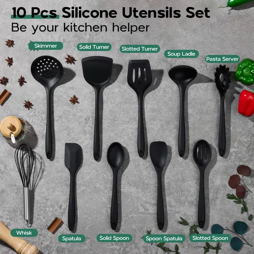 Miniatura 2 de Onader Juego de utensilios de cocina de silicona, 10 piezas de utensilios de cocina negros para utensilios de cocina antiadherentes, no tóxicos