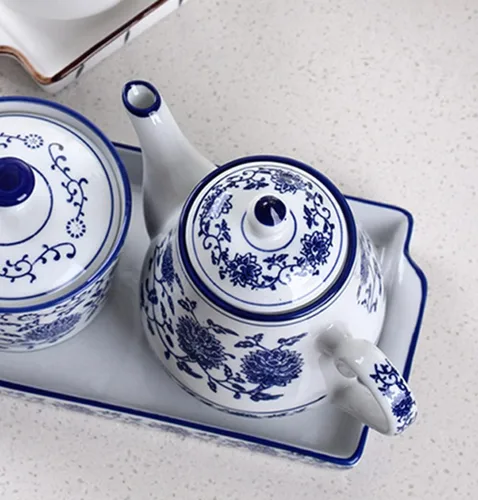 Miniatura 3 de Tetera pequeña de cerámica azul y blanca con tapa, 16.5 onzas