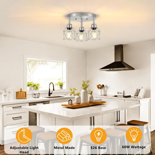 Miniatura 4 de Baocuz Lámpara de techo semiempotrada de níquel cepillado de 3 luces, luminarias de cocina ajustables montaje al techo base E26, luces de techo