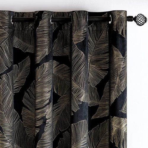 Miniatura 2 de MIULEE Cortinas opacas de terciopelo negro de 84 pulgadas de largo, juego de 2 paneles de cortinas estampadas con estampado de hojas doradas