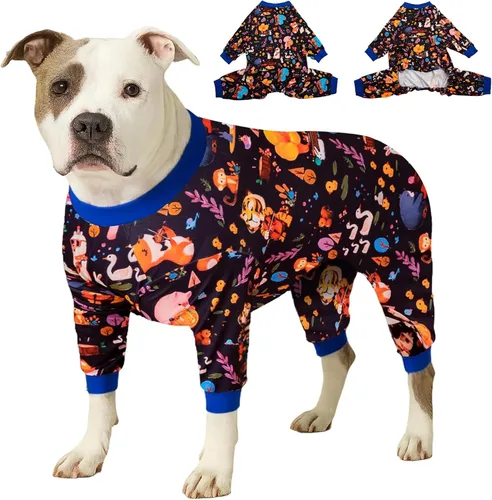 Miniatura 10 de LovinPet Mamelucos para perros grandes: pijama para perros grandes, poscirugía/cuidado de heridas, tela elástica ligera, estampado negro