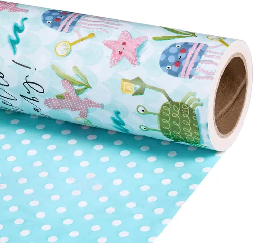 Miniatura 8 de RUSPEPA Rollo de papel de regalo reversible, rollo jumbo, conejo lunar y patrón de puntos para envoltura de regalos neutros de bebé, fiesta