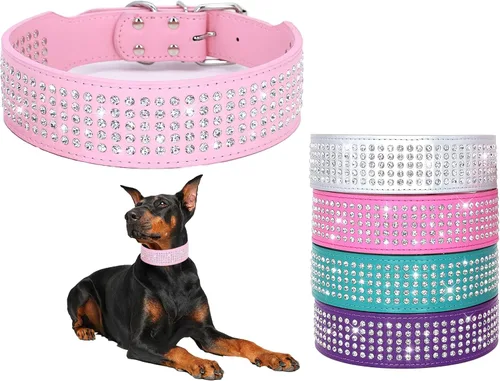 Miniatura 7 de Collares de Perro con Diamantes de Imitación - 2" de Ancho con Diamantes de Cristal con Tachuelas de Cuero PU 5 Filas Collar con Tachuelas