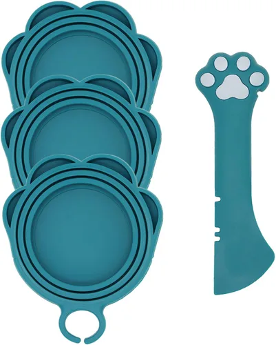 Miniatura 12 de Cuchara para Latas de Comida para Mascotas y 3 Tapas para Latas Espátula Abridor con Forma de Pata Linda Cuchara para Comida Húmeda de Gato Gris