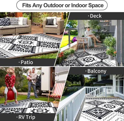 Miniatura 4 de Alfombra Impermeable para Exteriores 9x12 pies, Tapete de Paja de Plástico Reversible Boho para Patio RV Terraza Porche Patio Trasero Balcón Camping