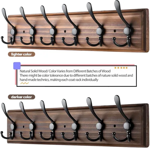 Miniatura 4 de Perchero de Pared de Montaje en Pared, Perchero de Pared de Madera Resistente para Pared, 6 Ganchos Triples para Colgar Abrigos, Chaqueta, Sombrero