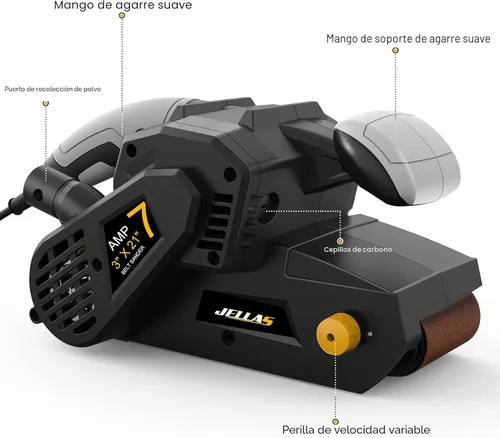 Miniatura 3 de Jellas Lijadora de banda de 3 × 21 pulgadas con bolsa para el polvo, máquina lijadora de 7 amperios con control de velocidad variable, adaptadores