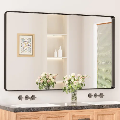 Miniatura 57 de Keonjinn Espejos de baño negros para sobre el fregadero, espejos cuadrados grandes de 36 x 36 pulgadas para pared, espejo rectangular redondeado