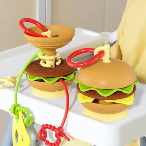 Miniatura 8 de Aprilwolf Hamburger - Soporte de juguetes con ventosa para silla alta, cochecito, juguetes de bebé de 6 a 12 meses y niños pequeños, 3 correas