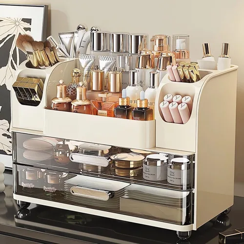 Miniatura 9 de Organizador de maquillaje con 2 cajones, vitrina de cosméticos, soporte de almacenamiento para tocador, mostrador de baño, escritorio, suministros
