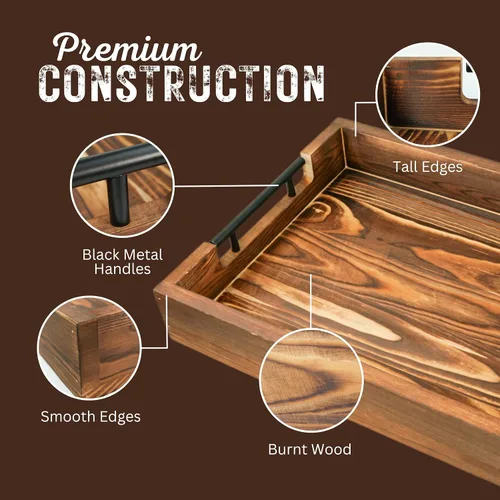 Miniatura 2 de Bandejas de bambú natural para servir modernas bandejas decorativas Otman con asas de metal, perfectas para sala de estar, dormitorio, entrada