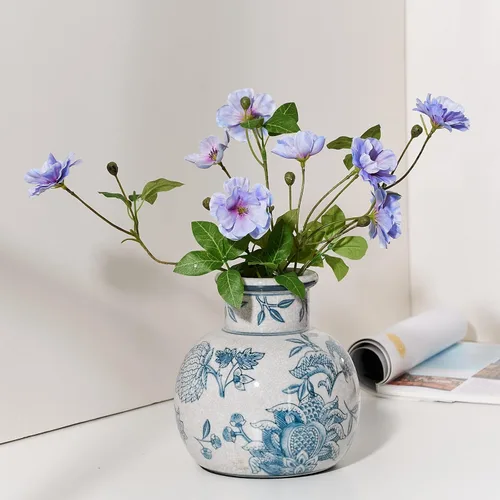 Miniatura 2 de SIDUCAL Jarrón Vintage Azul y Blanco Cerámica Chinoiserie Floral de 6 Pulgadas Jarrón Retro de Porcelana Azul y Blanca con Efecto Agrietado