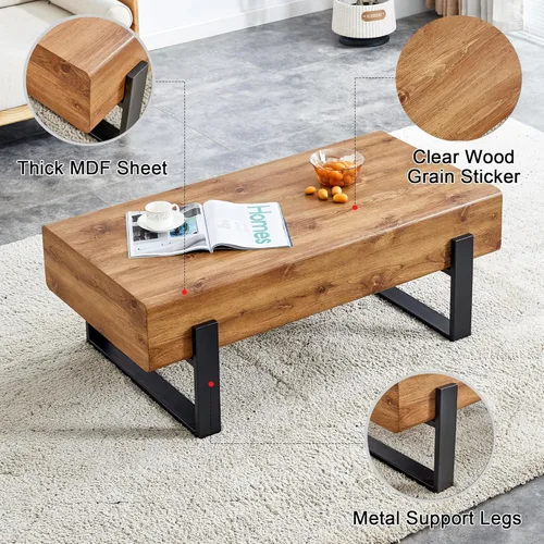 Miniatura 3 de LKTART Mesa de centro rectangular moderna de 47.24 pulgadas, patas de metal negro para sala de estar, comedor, dormitorio, oficina Rectángulo-marrón