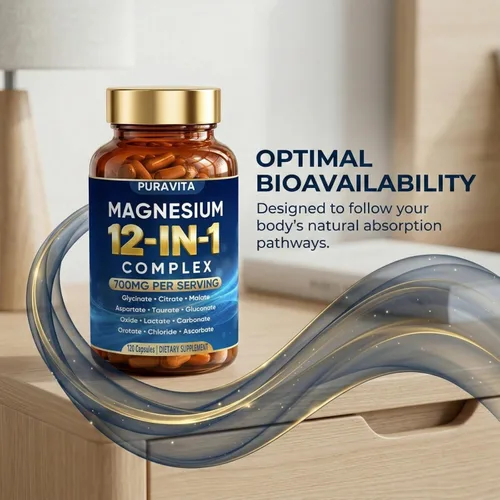 Miniatura 6 de Puravita Complejo de Magnesio, Puravita 12 en 1 Suplemento de magnesio 700 mg con glicinato, citrato, malato, óxido, taurato y más, alta absorción