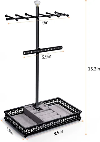 Miniatura 7 de Meangood Organizador de soporte para árbol de joyería, organizador de collares 3 en 1, exhibición de pulseras, aretes y bandeja para anillos