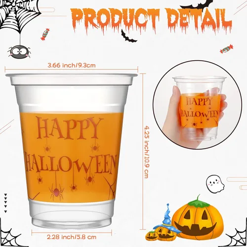 Miniatura 2 de CHENGU Vasos desechables de plástico para Halloween a granel – Vasos de tela de araña de Halloween de 12 onzas, naranja transparente con araña