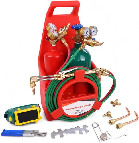 Kit de antorcha de oxi acetileno, kit de antorcha portátil para soldadura, brasado y corte con medidor y tanque de oxígeno y acetileno, kit de Rojo