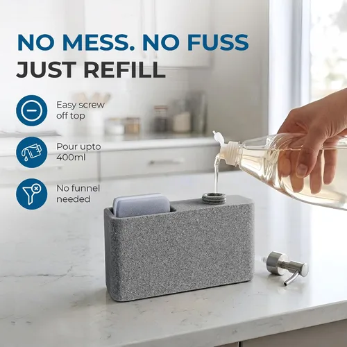 Miniatura 6 de Havara - Dispensador de jabón para platos de resina de granito con soporte para esponja, gris piedra Kitchen Soap Dispenser & Sink Organizer for