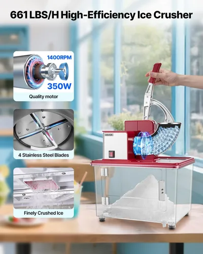 Miniatura 2 de VEVOR Trituradora de hielo comercial 661LBS/H, máquina eléctrica de cono de nieve de 350 W con 4 cuchillas, máquina de hielo afeitado de acero Rojo