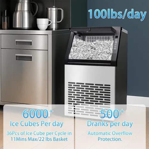 Miniatura 2 de Máquina comercial para hacer hielo de 99 libras/24 horas, máquina de hielo grande de acero inoxidable debajo del mostrador con contenedor