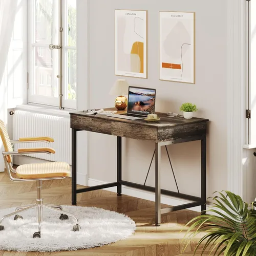 Miniatura 8 de Mexin Escritorio pequeño con 2 cajones de madera, escritorio de escritura para oficina en casa de 40 pulgadas, escritorio de tocador con Roble gris