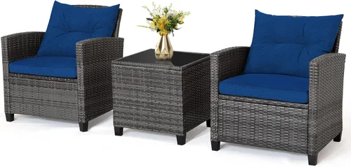 Miniatura 26 de RELAX4LIFE Juego de muebles de patio de 3 piezas, juego de conversación de mimbre con 2 sillones acolchados y mesa con tapa de cristal, juego