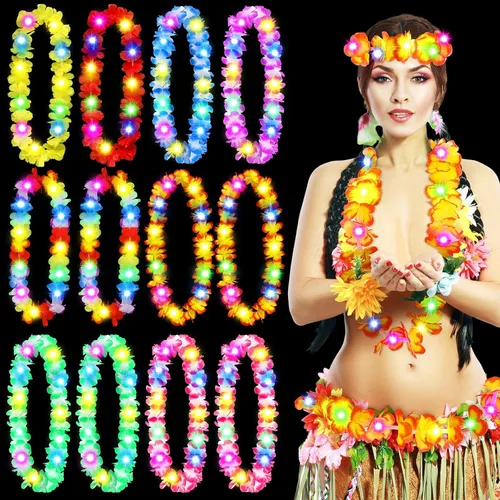 Giegxin 12 collares con luces LED hawaianas Lei tropicales con luces LED Lei de arco iris artificial para niños y adultos, fiesta temática Hawaii