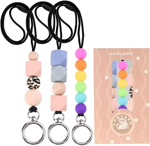 POPLOPP 3 cordones para profesores para insignias de identificación y llaves, lindo cordón de silicona con cuentas para mujeres, enfermeras,